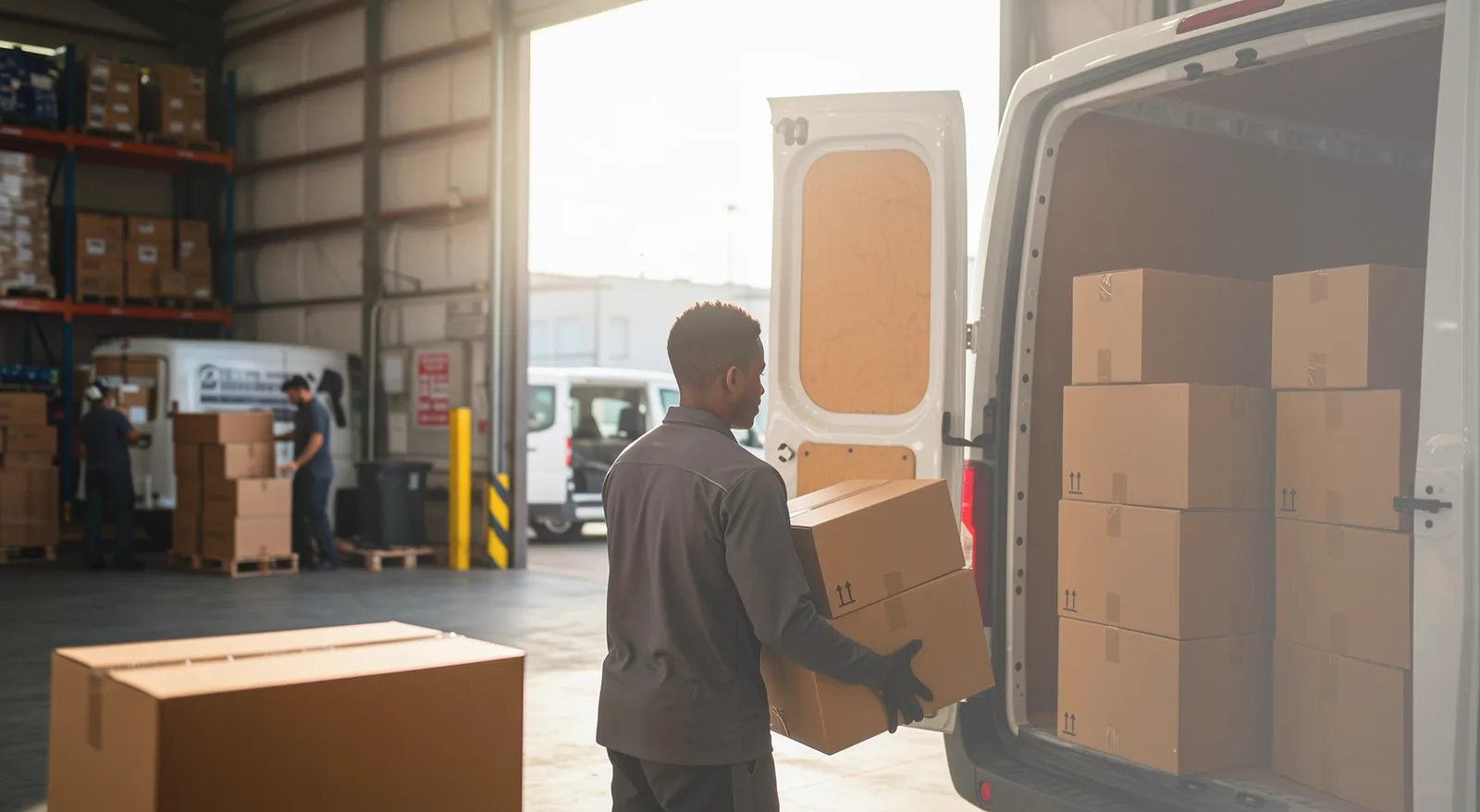 Driver loading boxes into a van at a warehouse dock