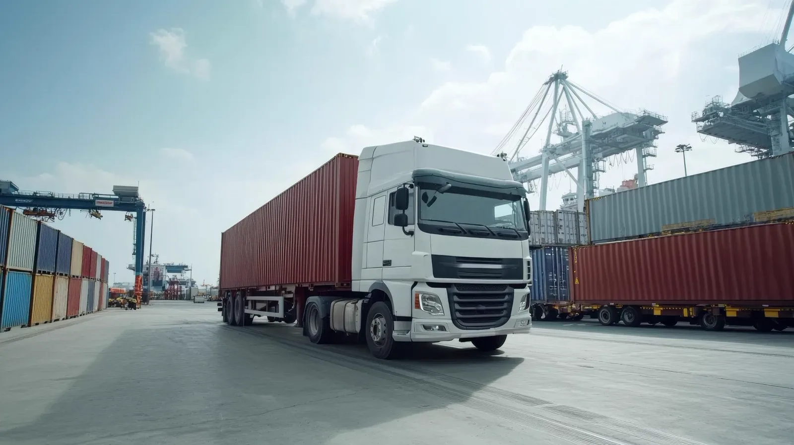 Container lorry leaving a port